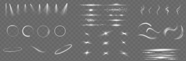 Light effect set. Glow isolated white transparent light effect set, lens flare, explosion, glitter, dust, line, sun flash, spark and stars, spotlight, curve twirl. Sunlight, abstract special effect