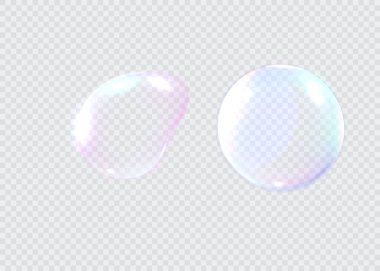 Bir dizi gerçekçi renkli sabun köpüğü. Şeffaf arka planda izole edilmiş şeffaf gerçekçi sabun köpükleri. Vektör dokusu. Benekli açık gri vektör örtüsü.