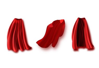 Farklı pozisyonlar, ön, yan ve arka görünüm beyaz zemin üzerine kırmızı süper kahraman cape