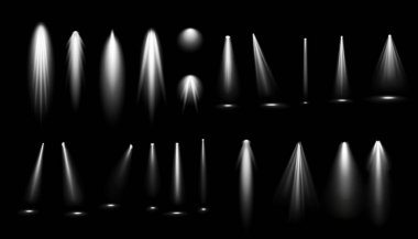 Işık efekti ayarlandı. İzole edilmiş beyaz şeffaf ışık efekti seti, lens parlaması, patlama, parıltı, toz, çizgi, güneş ışığı, kıvılcım ve yıldızlar, spot ışıkları