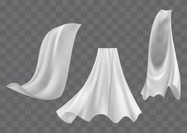Küme gerçekçi çırpınan beyaz bezler, yumuşak hafif açık malzeme şeffaf arka plan vektör illüstrasyon izole.