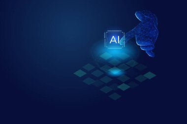 Al yenilik konsepti. Soyut dijital arkaplan. Açık mavi yapay zeka çipi ya da işlemci üzerinde insan parmağı baskısı var. Yapay zeka konsepti. 3B düşük poli kablo vektör çizimi.