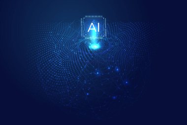 Soyut dijital teknoloji geçmişi. Yapay zeka çipi, yapay zeka hologramı ve devre teknolojisi. Bağlı hatlar Elektrik şimşeği.