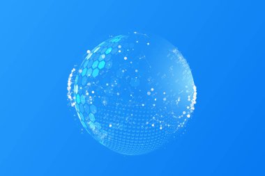 Cam şeffaf koruma küresi kalkanı. Mavi arka planda altıgen desenli küre kalkanı. Güç alanı şeklinde kabarcık kalkanı. Koruma ve güvenlik kavramı.