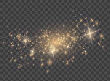 Toz sarıdır. Sarı kıvılcımlar ve altın yıldızlar özel ışıkla parlıyorlar. Şeffaf bir arkaplanda vektör parıldıyor. Noel ışığı etkisi. Parlak sihirli toz parçacıkları.