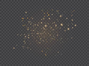 Toz kıvılcımları ve altın yıldızlar özel ışıkla parlıyor. Şeffaf bir arkaplanda vektör parıldıyor. Noel ışığı etkisi.