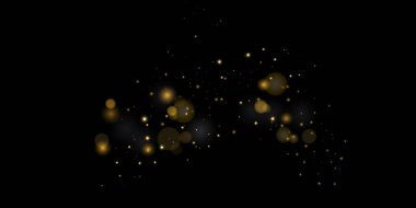 Altın tozunun ışığı, Bokeh ışık efekti arka planı. Noel 'in ışıldayan toz arka planı, konfeti bokeh ışığı ve parçacık hareketiyle yanıp sönen sarı ışık. Toz kıvılcımları ve altın yıldızlar parlıyor.