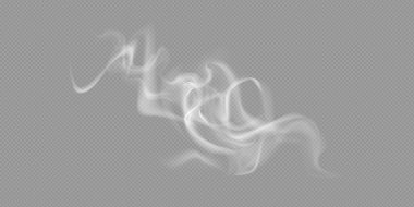 Gökyüzünde gerçekçi beyaz bulut veya yangın dumanı ve şeffaf arkaplanda vektör hava elementi. Baca dumanı, sis dalgası ya da bulut deseni.