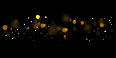 Altın tozunun ışığı, Bokeh ışık efekti arka planı. Noel 'in ışıldayan toz arka planı, konfeti bokeh ışığı ve parçacık hareketiyle yanıp sönen sarı ışık. Toz kıvılcımları ve altın yıldızlar parlıyor.