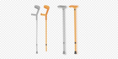 Baston ve koltuk değneği kümesi. Teleskopik metal köpekler, tahta değnek, kamışı ek destek, dirsek koltuk değneği, teleskopik koltuk değneği, ahşap koltuk değneği ile. Tıbbi cihazlar. Vektör çizim