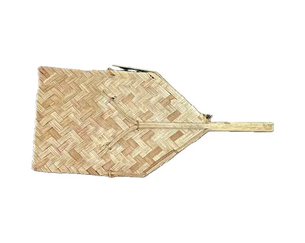 stock image Indonesian traditional woven wicker bamboo fan with handle isolated on white background