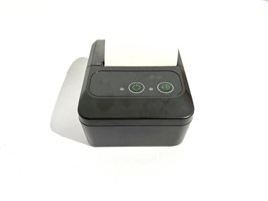 Mini wireless portable thermal printer with charging port, power button and paper roll for printing labels and receipt isolated on white background clipart