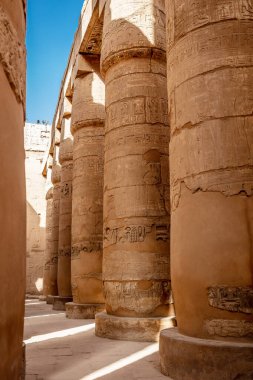 Karnak tapınağındaki duvarlarda ve sütunlarda farklı hiyeroglifler var. Karnak tapınağı eski Mısır 'daki en büyük kompleks..