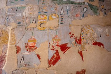 Beautiful mural, hieroglyphs inside the temple of Hatshepsut. Jeser-Jeseru is a masterpiece of ancient Egyptian architecture.