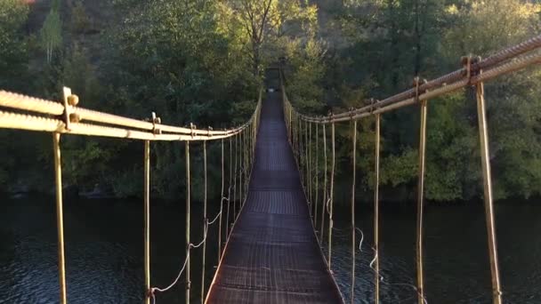 Прогулянка Залізному Мосту Який Звисає Над Річкою Залізний Підвісний Міст — стокове відео