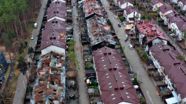 Vista Superior Estrada Vista Aérea Das Casas Destruídas Queimadas Casas — Vídeo de Stock