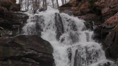 Landscape of waterfall Shypit in the Ukrainian Carpathian Mountains. The water flows beautifully over the rocks. Mountain river. Beautiful big waterfall in the mountains.