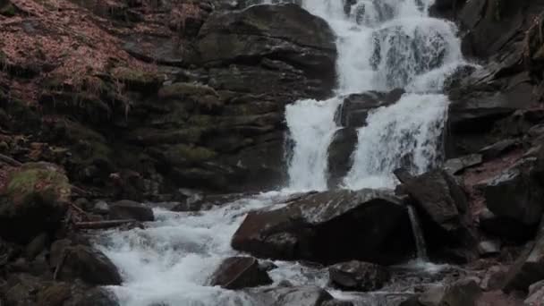 乌克兰喀尔巴阡山脉瀑布的景观 水美丽地流过岩石 高山上美丽的大瀑布 — 图库视频影像