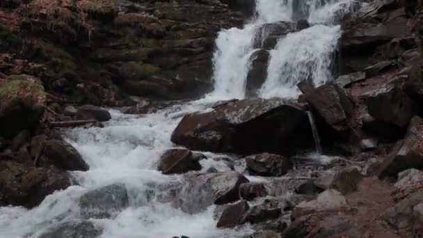 乌克兰喀尔巴阡山脉瀑布的景观 水美丽地流过岩石 高山上美丽的大瀑布 — 图库视频影像