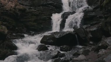 Landscape of waterfall Shypit in the Ukrainian Carpathian Mountains. The water flows beautifully over the rocks. Mountain river. Beautiful big waterfall in the mountains.