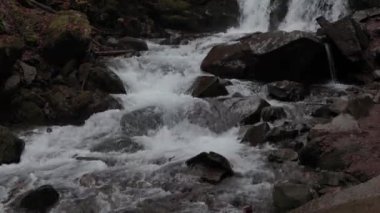 Landscape of waterfall Shypit in the Ukrainian Carpathian Mountains. The water flows beautifully over the rocks. Mountain river. Beautiful big waterfall in the mountains.