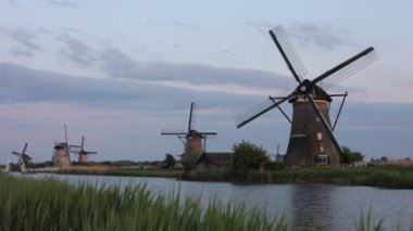 Hollanda 'nın Kinderdijk köyünde günbatımında güzel ahşap yel değirmenleri. Rüzgar değirmenleri esiyor. Güzel Hollanda kanalları suyla doludur. Güzel gün batımı.