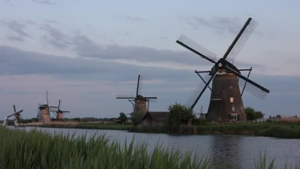 Vackra Träväderkvarnar Vid Solnedgången Den Nederländska Byn Kinderdijk Väderkvarnar Springer — Stockvideo