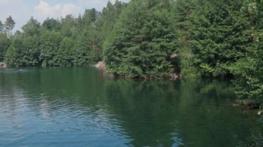 Yazın güzel bir göl. Uzaktaki insanlar gölde yüzüyorlar. Tüm sahil yeşil yapraklı ağaçlarla kaplı. Güzel taş plaj. Bir yaz gününde nehir.