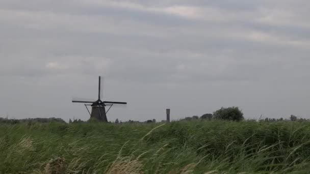 荷兰Kinderdijk村日落时分美丽的木制风车 风车在风中颠簸 美丽的荷兰运河充满了水 美丽的日落 — 图库视频影像