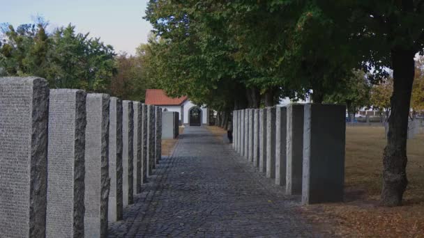 第二次世界大戦で亡くなったドイツ兵の名前と墓石 キエフの近くの美しいドイツの墓地 死んだ兵士の名前はたくさんある ストーン — ストック動画