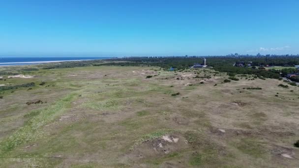 Vista Superior Playa Kijkduin Mar Vuelo Sobre Campos Con Hierba — Vídeos de Stock