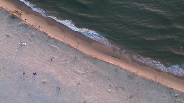 夏の美しいフライトは カトヴィック ジーのビーチで 人々は海の近くで休んでいる 観光客のための家 ビーチの傘 人々は海で泳いでいる オランダのビーチ — ストック動画