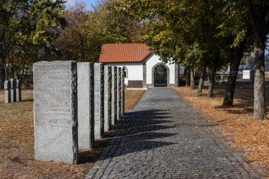 Sonbaharda Alman mezarlığında taş mezar taşları. Kyiv yakınlarında güzel bir Alman mezarlığı. 2. Dünya Savaşı sırasında birçok Alman askeri öldü..