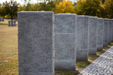 Kyiv. Kyiv bölgesi. Ukrayna. 13.10.2023. Sonbaharda Alman mezarlığında taş mezar taşları. Kyiv yakınlarında güzel bir Alman mezarlığı. 2. Dünya Savaşı sırasında birçok Alman askeri öldü..