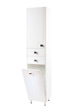 Beyaz arka planda güzel beyaz bir dolap. Mutfakta ya da banyoda bir dolap. Evin güzel tasarımı..