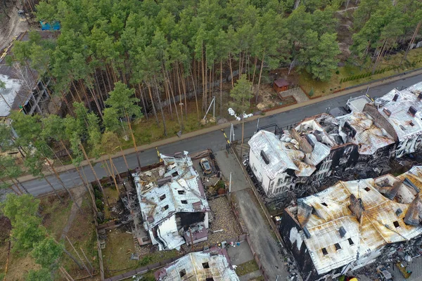 Hostomel Kyev Region Ukraine 2022 Top View Destroyed Burnt Houses 스톡 사진