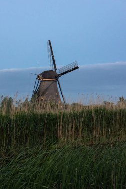 Hollanda 'nın Kinderdijk köyünde günbatımında güzel ahşap yel değirmenleri. Rüzgar değirmenleri esiyor. Güzel Hollanda kanalları suyla doludur. Güzel gün batımı.