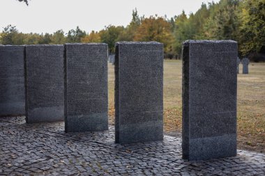 Kyiv. Kyiv bölgesi. Ukrayna. 13.10.2023. Sonbaharda Alman mezarlığında taş mezar taşları. Kyiv yakınlarında güzel bir Alman mezarlığı. 2. Dünya Savaşı sırasında birçok Alman askeri öldü..