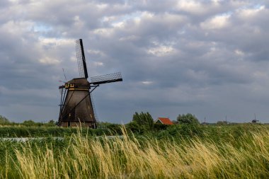 Hollanda 'nın Kinderdijk köyünde günbatımında güzel ahşap yel değirmenleri. Rüzgar değirmenleri esiyor. Güzel Hollanda kanalları suyla doludur. Güzel gün batımı.