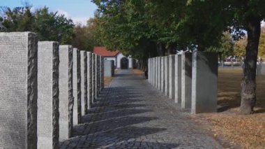 Sonbaharda Alman mezarlığında taş mezar taşları. Kyiv yakınlarında güzel bir Alman mezarlığı. 2. Dünya Savaşı sırasında birçok Alman askeri öldü..