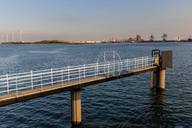 Rotterdam limanındaki güzel yel değirmenleri. Deniz kıyısında güzel bir gün batımı. Mavi Kuzey Denizi ve Su Yüzeyi. Deniz feneri ve sahil gün batımı güneşiyle aydınlanır..