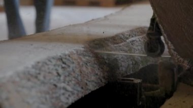 Bıçkıhanede, bir testere kahverengi ahşap keser. Ağaç kabuğu ve eski paslı testere. Yakın plan. Kereste fabrikasında çalış. Tahta ve odun parçalarından toz uçar.