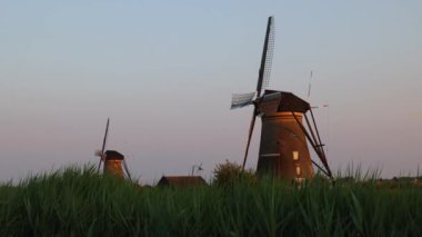 Hollanda 'nın Kinderdijk köyünde günbatımında güzel ahşap yel değirmenleri. Rüzgar değirmenleri esiyor. Güzel Hollanda kanalları suyla doludur. Güzel gün batımı.