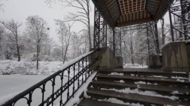 Güzel Çin köprüsü karla kaplı. Kış ormanında güzel bir yürüyüş. Ağaçlar, dallar ve çalılar karda. Her yer kar. Ormandaki yol karla kaplı..