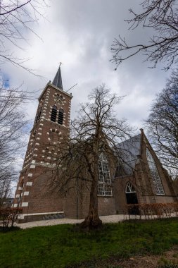 Görünür köklere sahip uzun ve çıplak ağaçlarla çevrili tarihi bir tuğla kilise. Gotik mimari bulutlu bir gökyüzüne vurgulanarak sakin bir atmosfer yaratıyor. Amsterdam yakınlarındaki kilise.