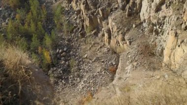 Sert dokuları olan kayalık kayalık, altın güneş ışığı ve seyrek bitki örtüsü. Engebeli arazi, etrafa saçılmış kuru bitkiler ve topraksı tonlarla doğal aşınmayı vurguluyor..