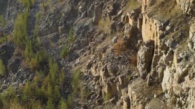Sert dokuları olan kayalık kayalık, altın güneş ışığı ve seyrek bitki örtüsü. Engebeli arazi, etrafa saçılmış kuru bitkiler ve topraksı tonlarla doğal aşınmayı vurguluyor..