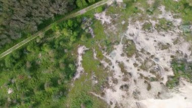 Çimenli bir yolu olan, yeşillikleri kesen, huzurlu bir manzaranın havadan görünüşü. Nadir ağaçlar ve çalılar sahneyi dolduruyor ve bir insan sakin ortama uyum sağlayarak tek başına duruyor..