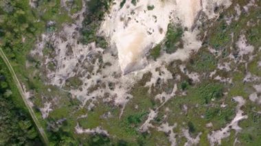 Yeşil bitki örtüsü ve ağaçlarla çevrili kumlu bir bölgenin havadan görünüşü, insansız hava aracından elde edilen çim ve çalılarla doğal bir manzara sergiliyor..
