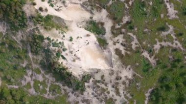 Yeşil bitki örtüsü ve ağaçlarla çevrili kumlu bir bölgenin havadan görünüşü, insansız hava aracından elde edilen çim ve çalılarla doğal bir manzara sergiliyor..